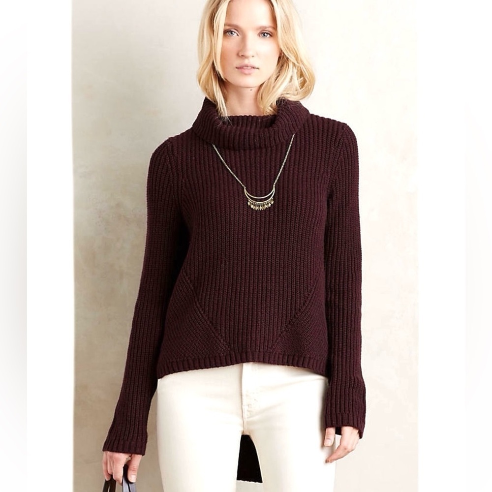 Anthropologie MOTH High Low Turtleneck Sweater Chunky Thick Knit Burgundy